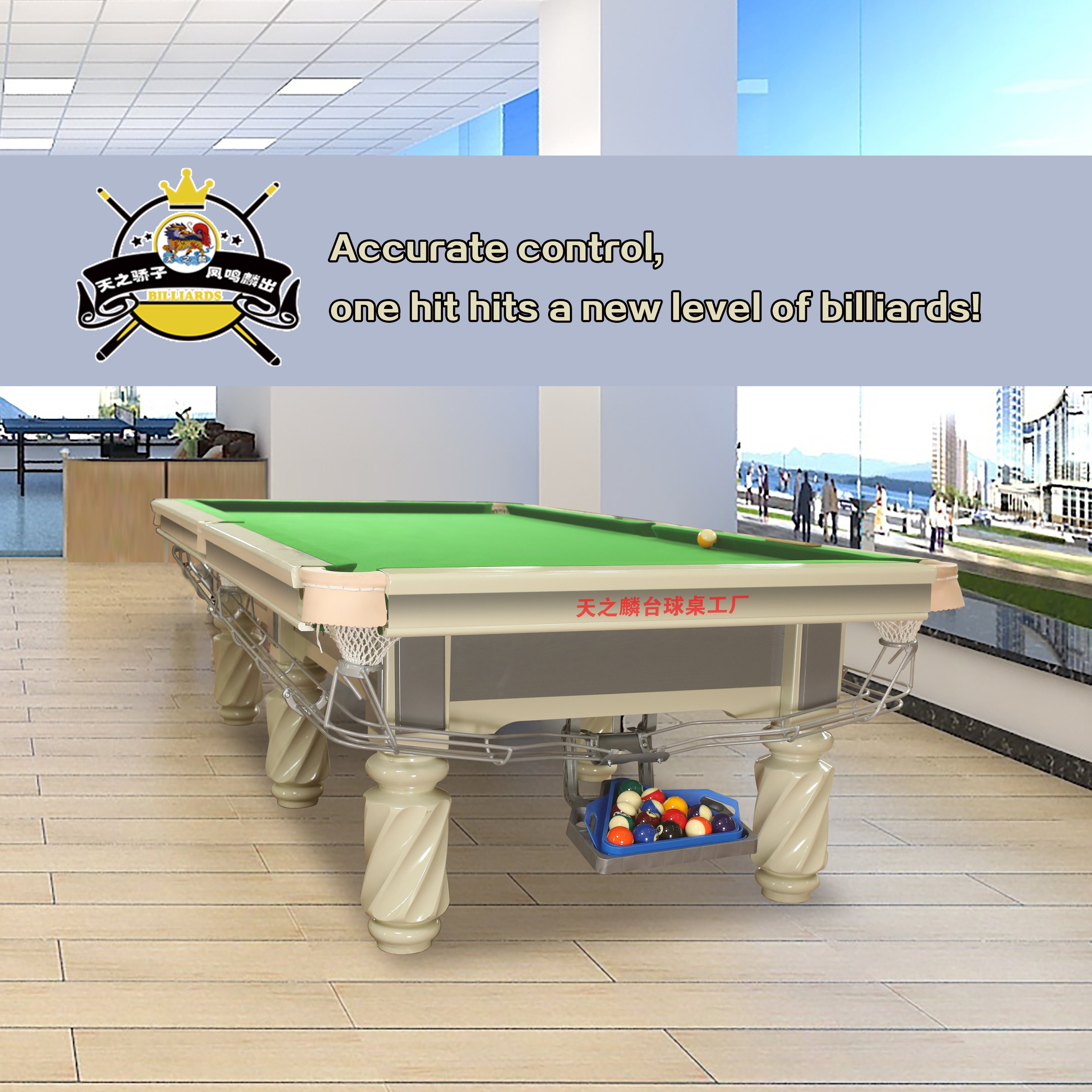 12 foot international size steel mat with slate roof and solid wood billiard table
