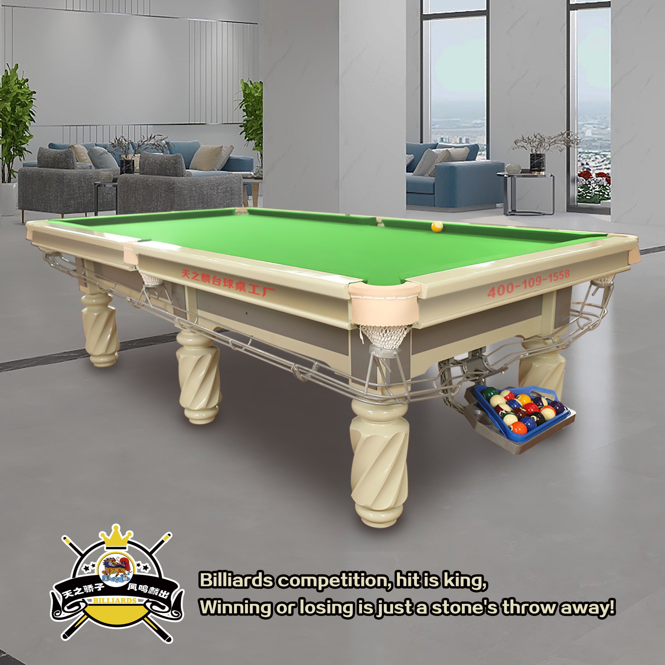 12 foot international size steel mat with slate roof and solid wood billiard table