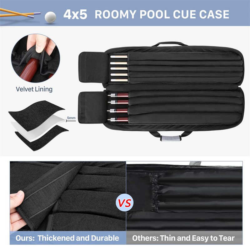 Pool Cue Case Billiard Stick Carrying Case Holds 4 Butts and 5 Shafts Soft Pool Stick Bag with Large Front