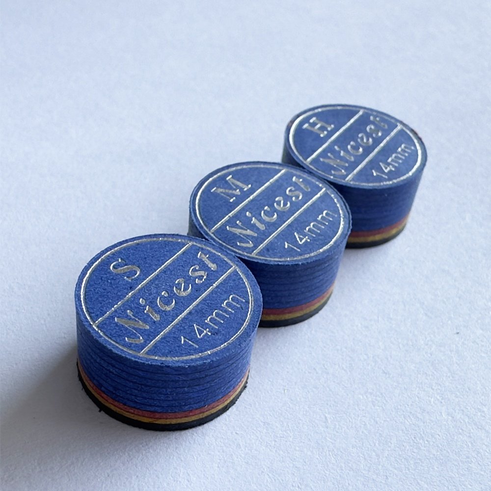 premium leather 14mm blue 9 layers silver logo printed cue tip