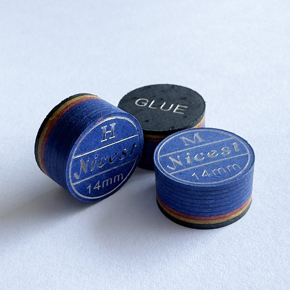 premium leather 14mm blue 9 layers silver logo printed cue tip