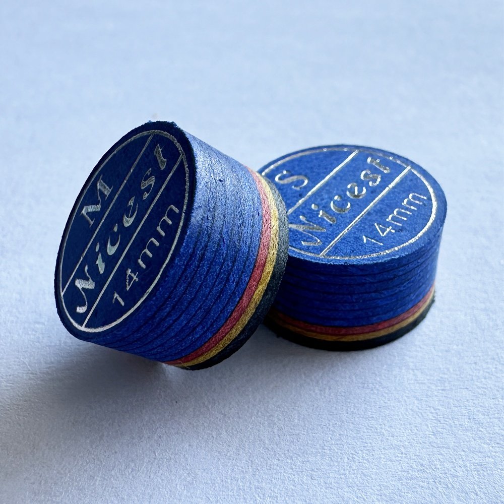 premium leather 14mm blue 9 layers silver logo printed cue tip