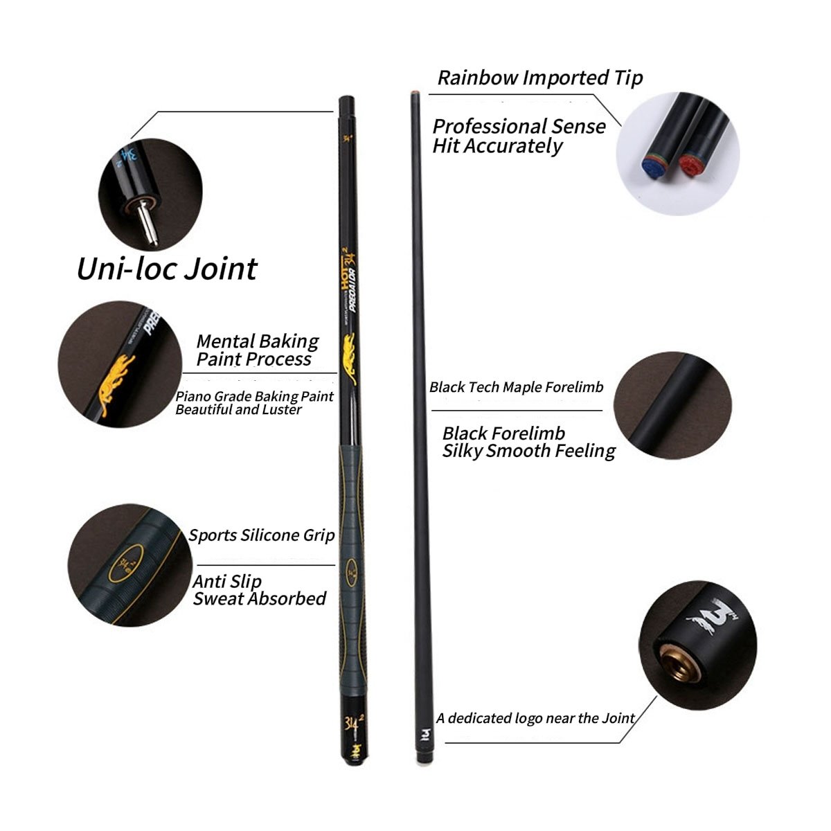 Factory direct sale premium billiard cue 2 Pieces Black Tech Maple Pool stick 58" Length for sale (grey color)