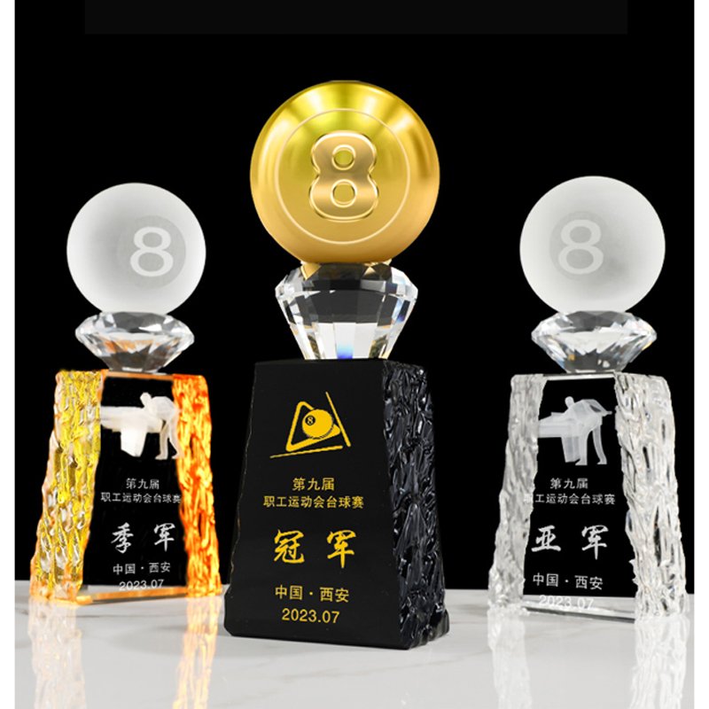 Wholesale Custom mini 3d ball engraved printing glass crystal Awards crystal snooker table billiard trophy for souvenir
