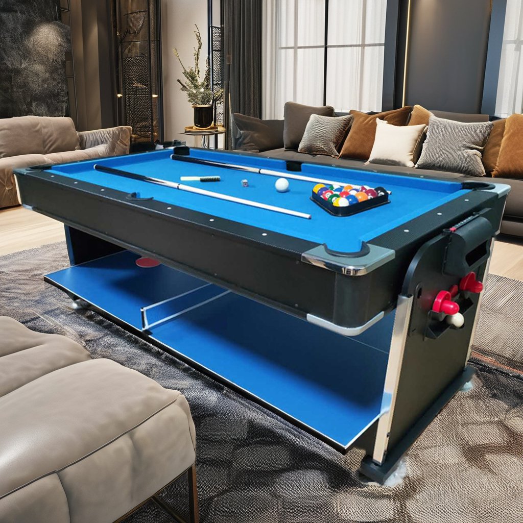 4-in-1 Game Table Home Adults Kids 7ft Multifunctional Flip Pool Table Black Table Tennis Snooker MDF Cushion Plastic Pocket