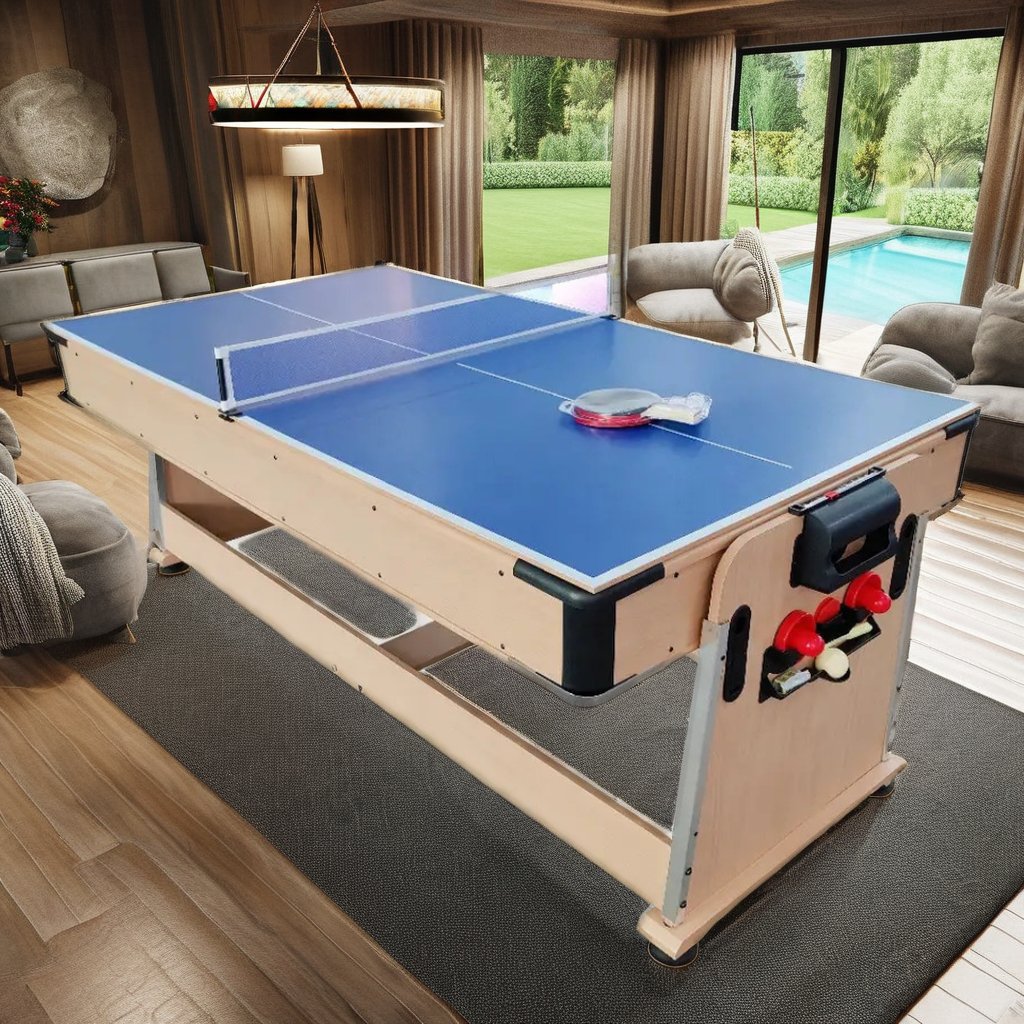 4-in-1 Game Table Home Adults Kids 7ft Multifunctional Flip Pool Table Black Table Tennis Snooker MDF Cushion Plastic Pocket