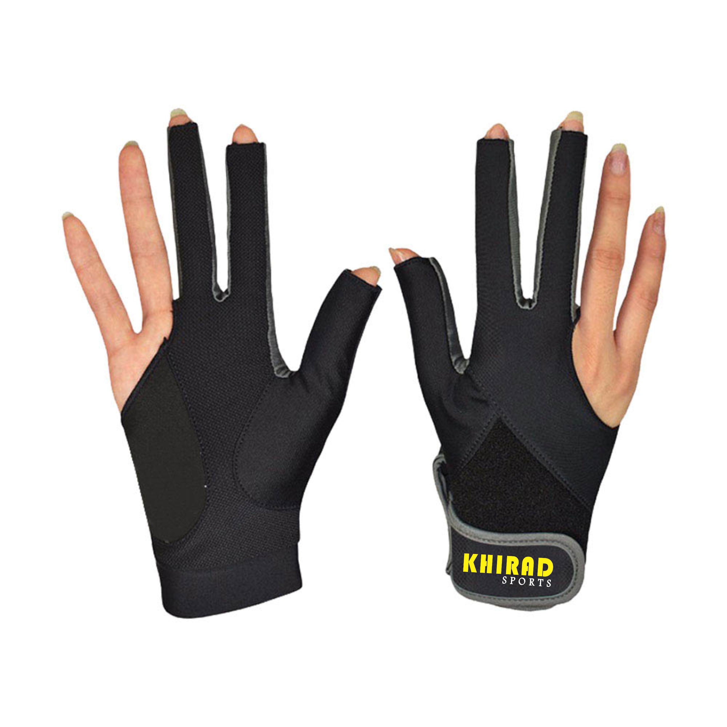 Custom Billiards 3 Fingers Show Snooker Gloves Accept OEM Customized Kh-5705 Khirad Sports Lycra Customs Logo Triangle 50 Pair