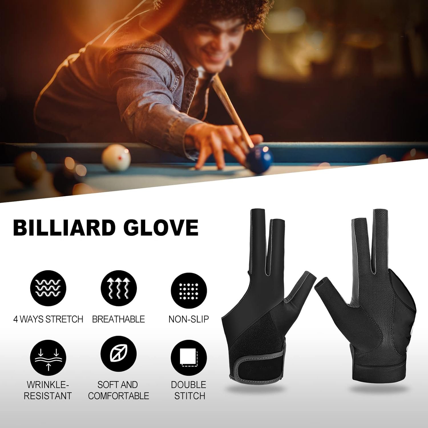 Material Three Fingers Snooker Left and Right Hand Billiard Accessories Billiard Gloves Soft Smooth Fabric Black Sports Unisex