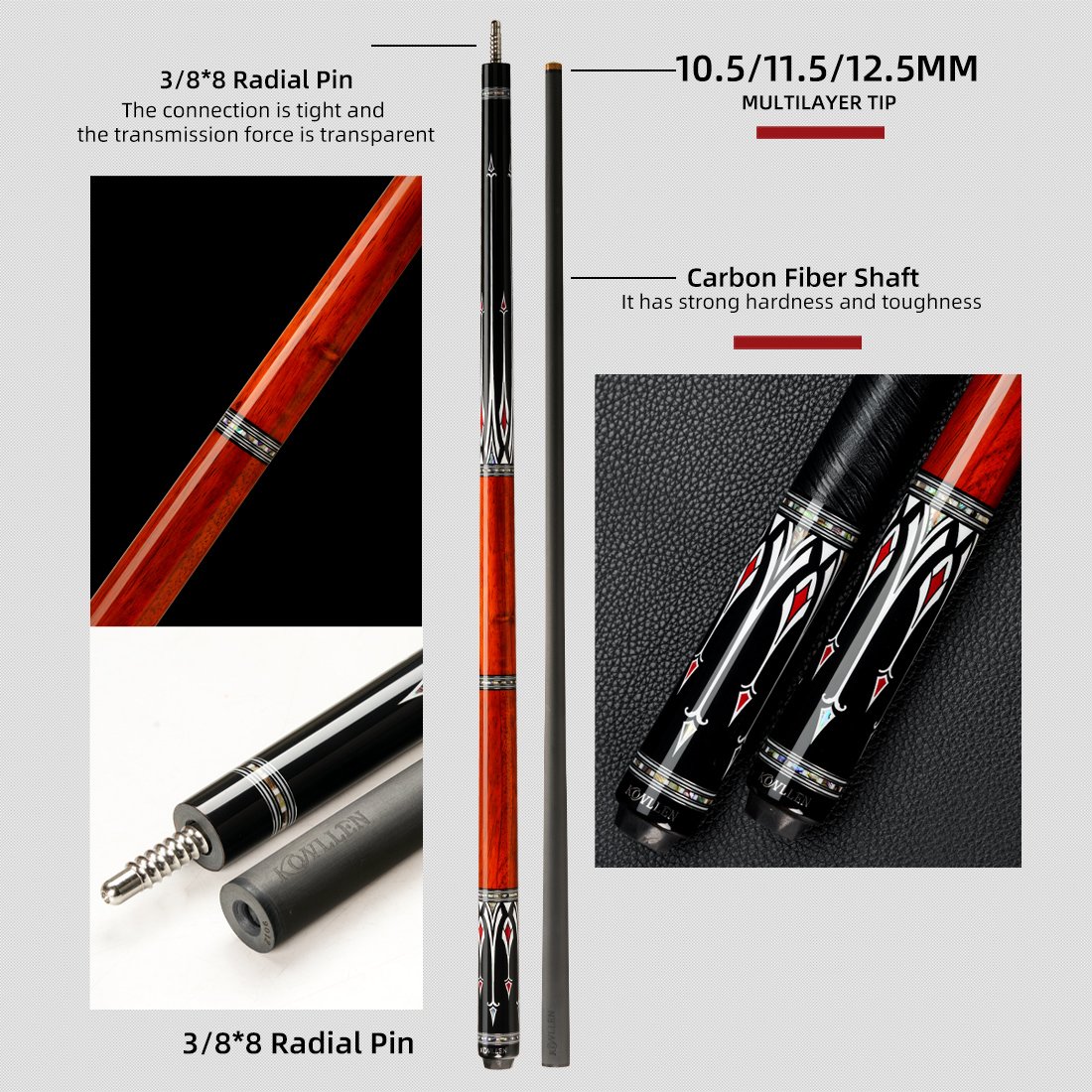 KONLLEN high-end professional billiard cue carbon fiber billiard cue 12.5mm jump cue