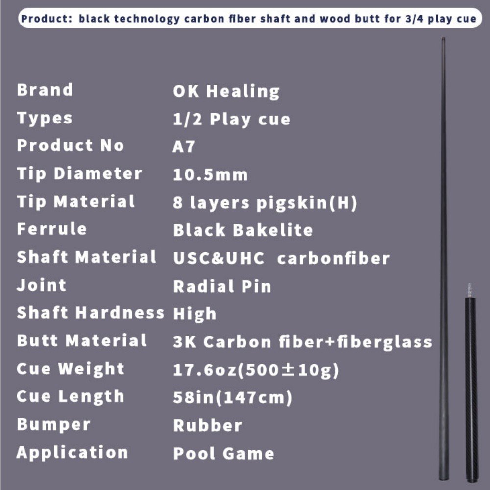 3/4 Split Jointed Carbon Fiber Shaft + Carbon Fibre 3K Glossy Butt Snooker Billiard Pool Cue Tip OD 10.5MM 57Inch Radial Pin