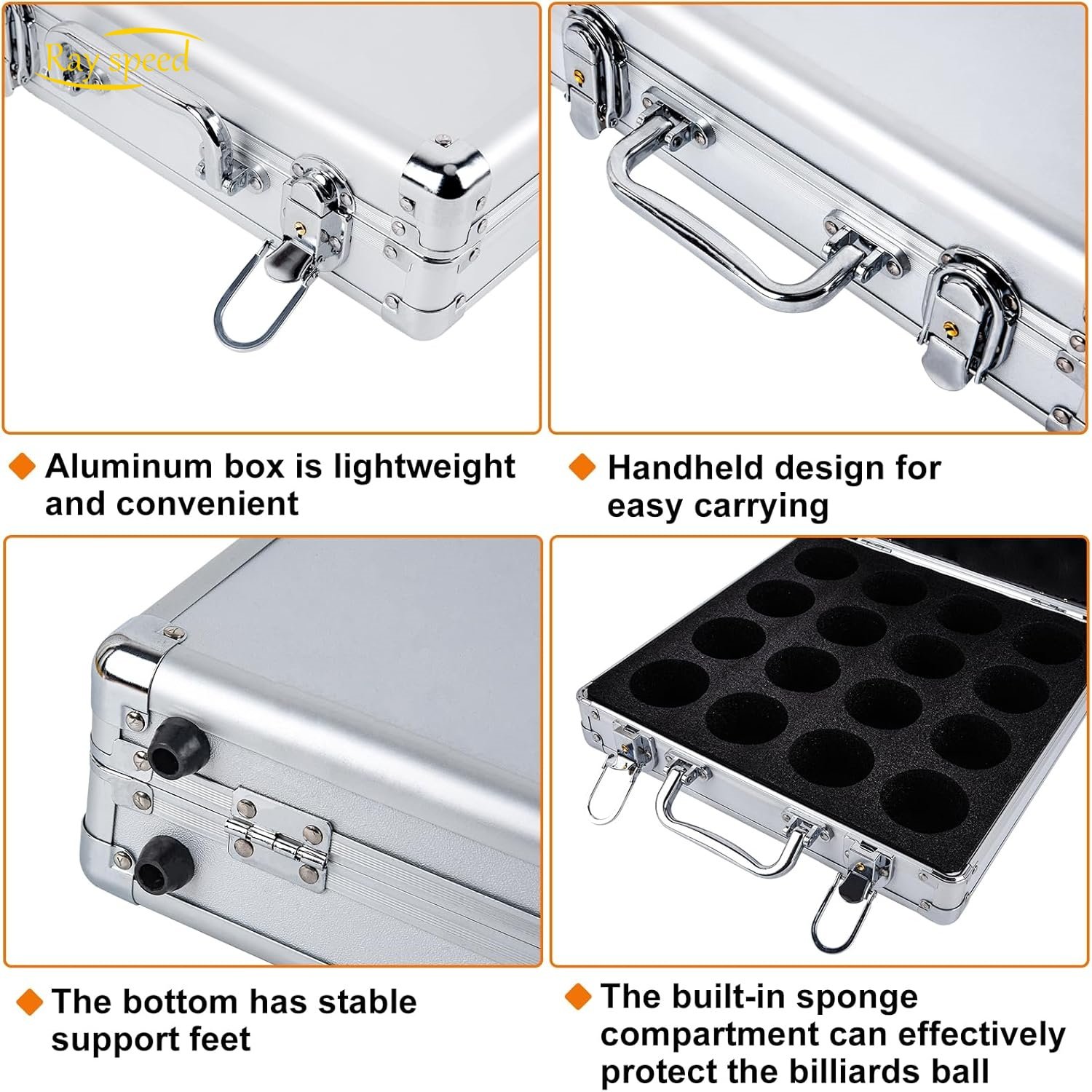 Rayspeed Pool Ball Case, Silver Billiard Balls Storage Box, Portable Billiard Box with Hand Grip,Can Hold 16 Billiard Balls