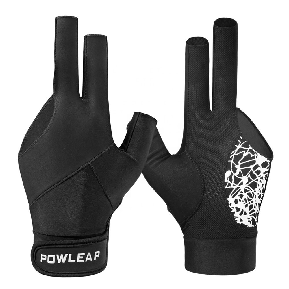Wholesale breathable sport billiard gloves custom design durable pool cue snooker shooter 3 finger glove for sale