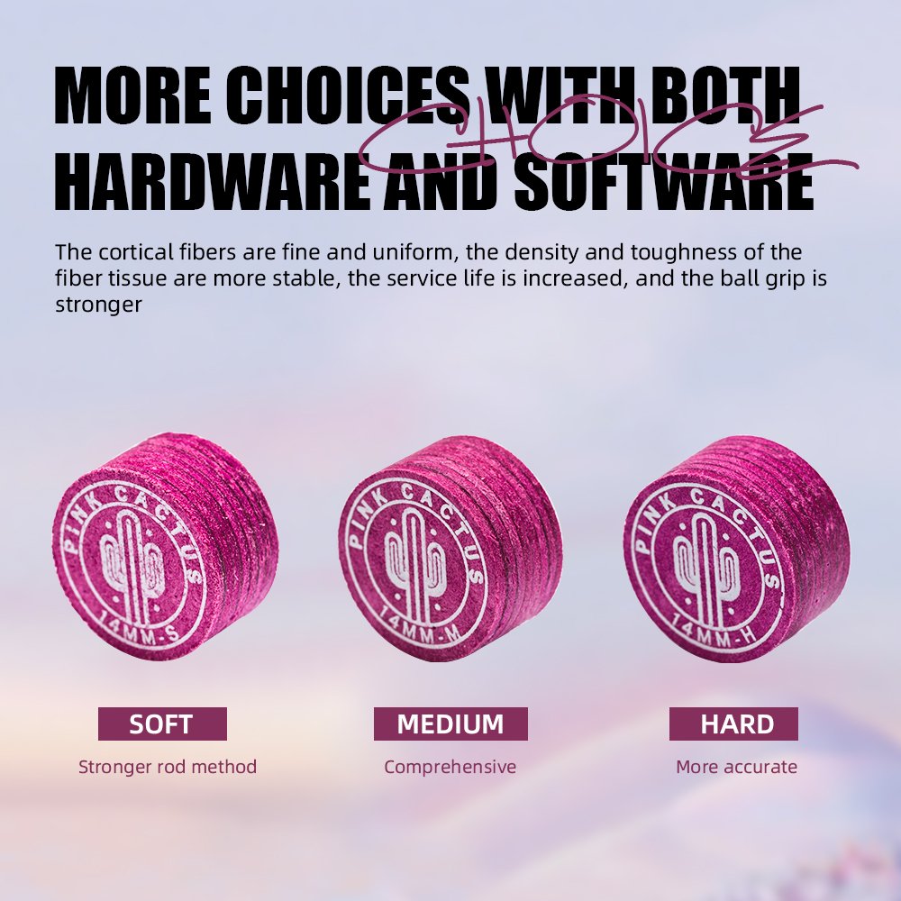 PINK CACTUS Pink Pool Cue Tip 11mm/ 14mm Tip Made of Multi-layer Pigskin with S / M / H