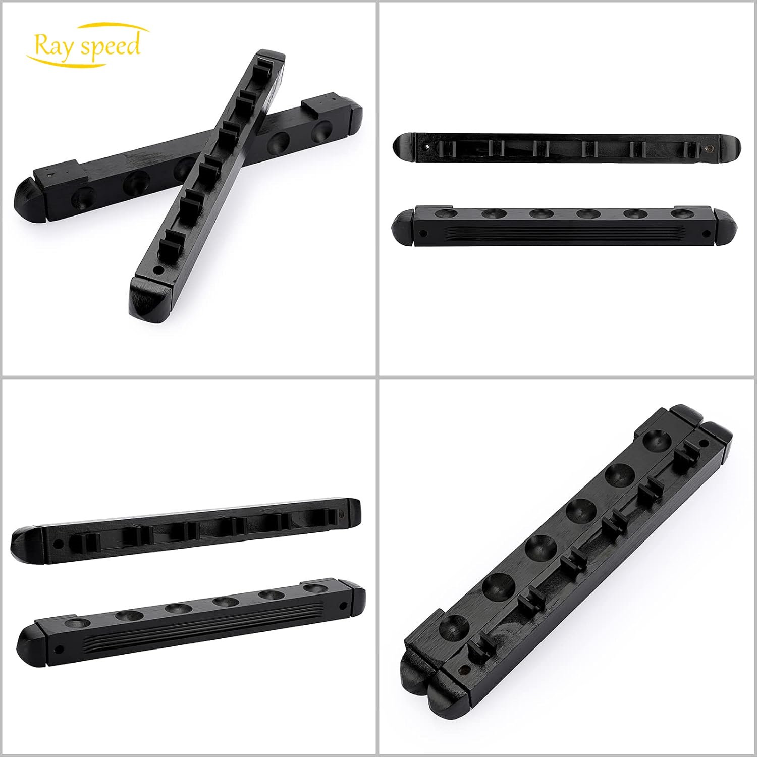 Rayspeed Pool Cue Rack Wall Mounted Rack Billiard/Pool Cue Wall Rack Cue Rest Cue Stick Holder (Black / 6 Cues)