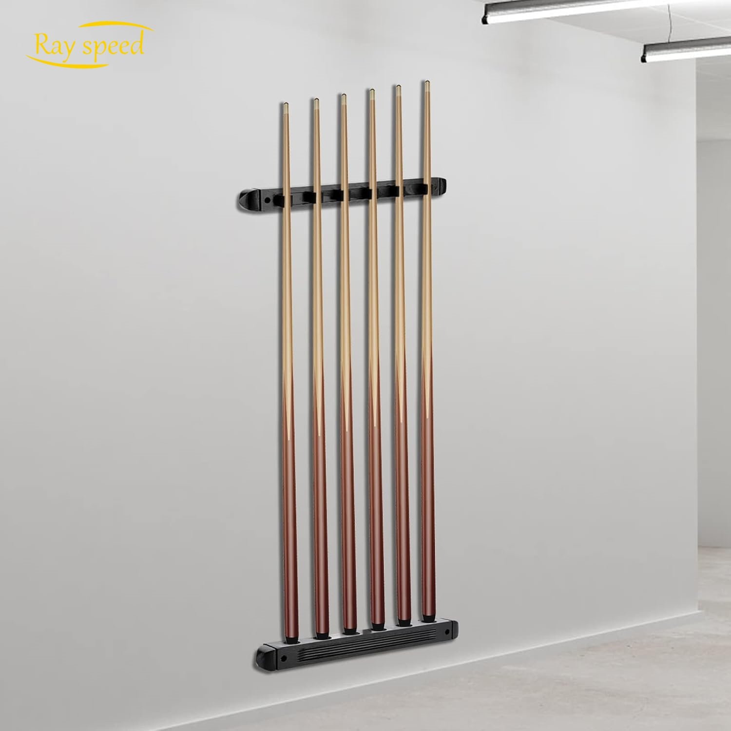 Rayspeed Pool Cue Rack Wall Mounted Rack Billiard/Pool Cue Wall Rack Cue Rest Cue Stick Holder (Black / 6 Cues)