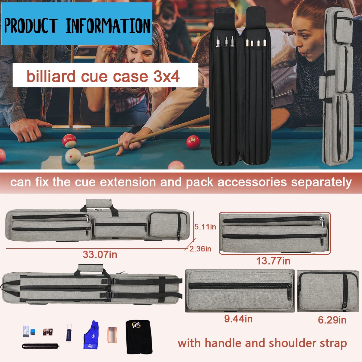 Grey 3*4 Hard Pool Cue Hard Case Nylon/leatherette Billiard Stick Carrying Bag Cases OEM Extension Snooker Case PU 7-10days