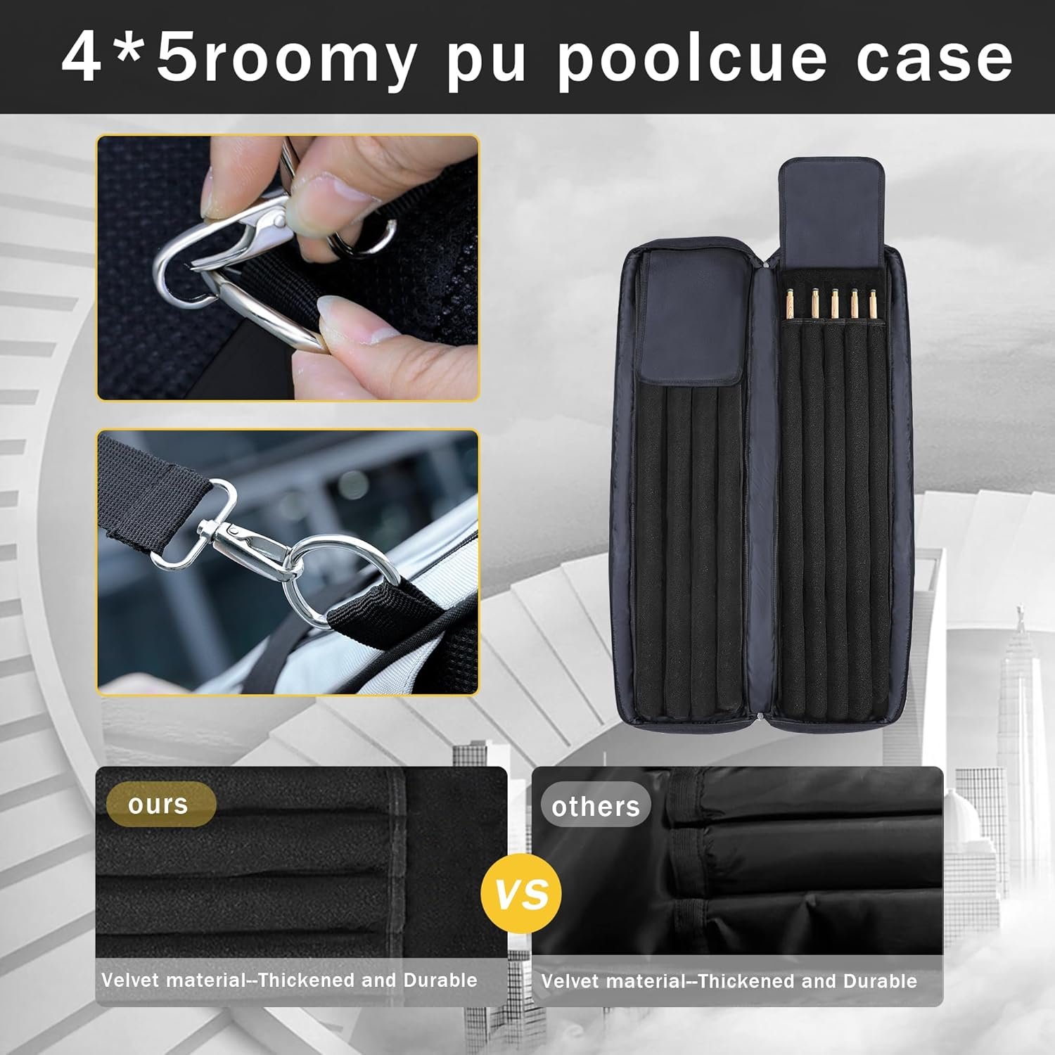 Custom pool Cue Cover Large capacity Pool Cue Bag Multi-pocket portable hidden shoulder strap for 5 sticks and 5 hips