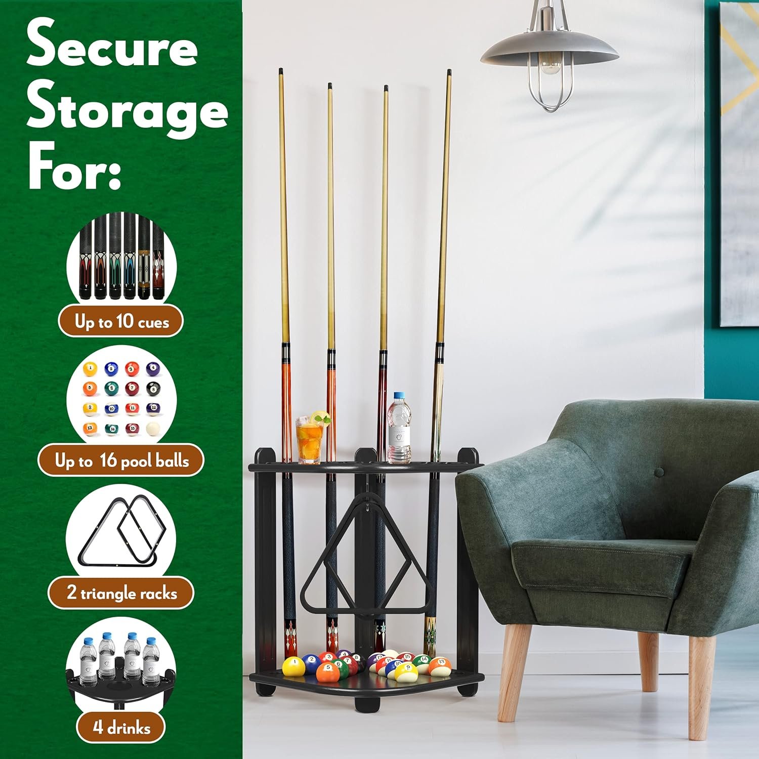 Rayspeed Pool Cue Rack Hold up to 8 Sticks & Billiard Accessories, Floor Stand Pool Cue Stick Holder Made of 100% Solid Hardwood