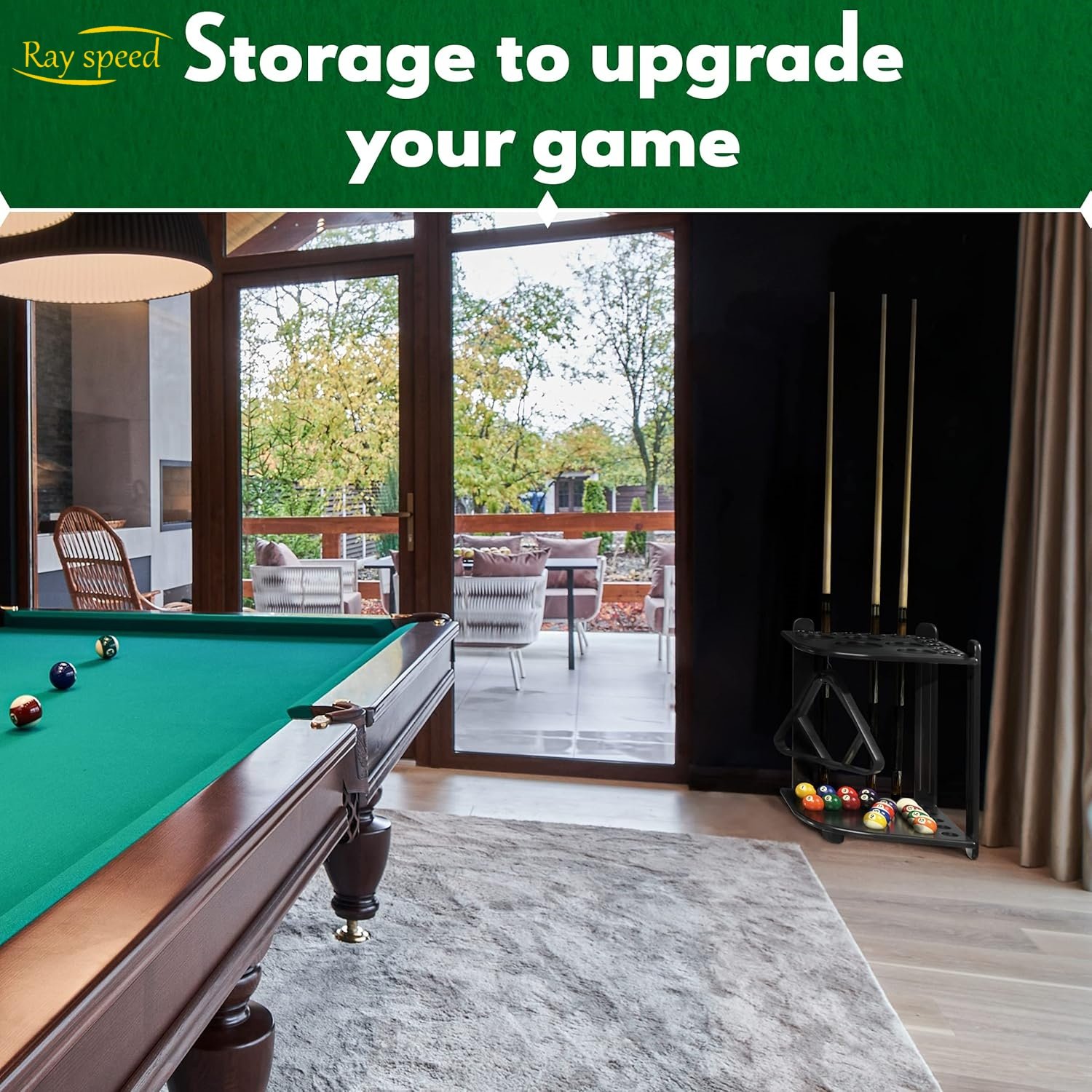 Rayspeed Pool Cue Rack Hold up to 8 Sticks & Billiard Accessories, Floor Stand Pool Cue Stick Holder Made of 100% Solid Hardwood