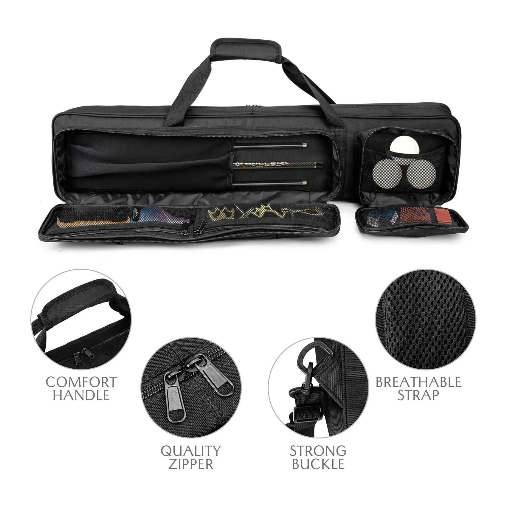 Custom Pool Cue Bag accommodates 4 hips and 4 shafts with soft cushioned multiple pockets and adjustable shoulder straps