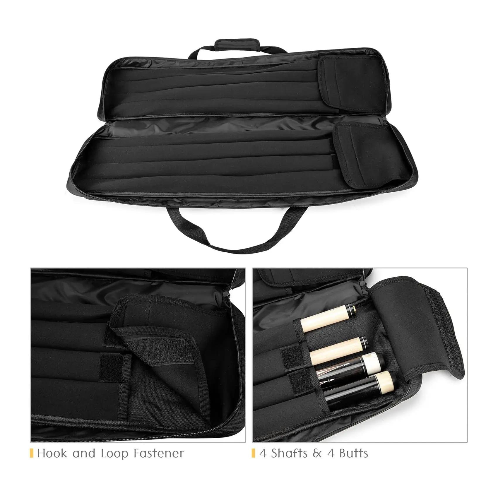 Custom Pool Cue Bag accommodates 4 hips and 4 shafts with soft cushioned multiple pockets and adjustable shoulder straps