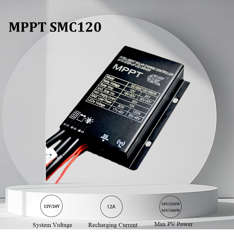 solar street light external liFePo4 lithium battery under the solar panel solar street light charge controller 12A 12v 24v 120w