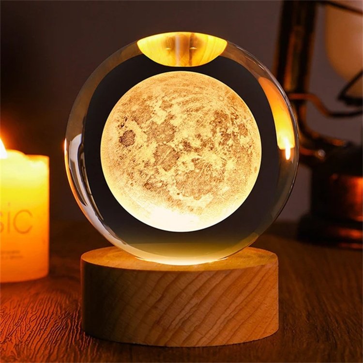 Christmas Crystal Ball Gift Custom 3d Laser Engraved Logo Jupiter Solar System Planet Moon Crystal Glass Ball With Base