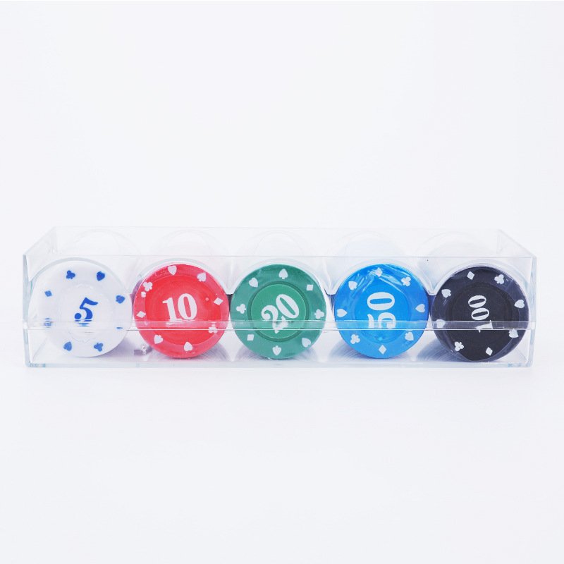 100pcs Pack Cheap Plastic Chip Denomination Printed Texas Home Game Hold'em ABS Poker Chips Set with Clear Storage Box