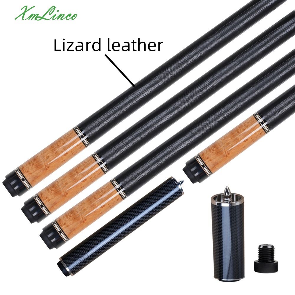 Xmlinco Handmade Billiard Sticker pool Cue Curly Wood Lizard Leather Warp 12.5mm Tip Size Hard Maple Shaft 58 Inches