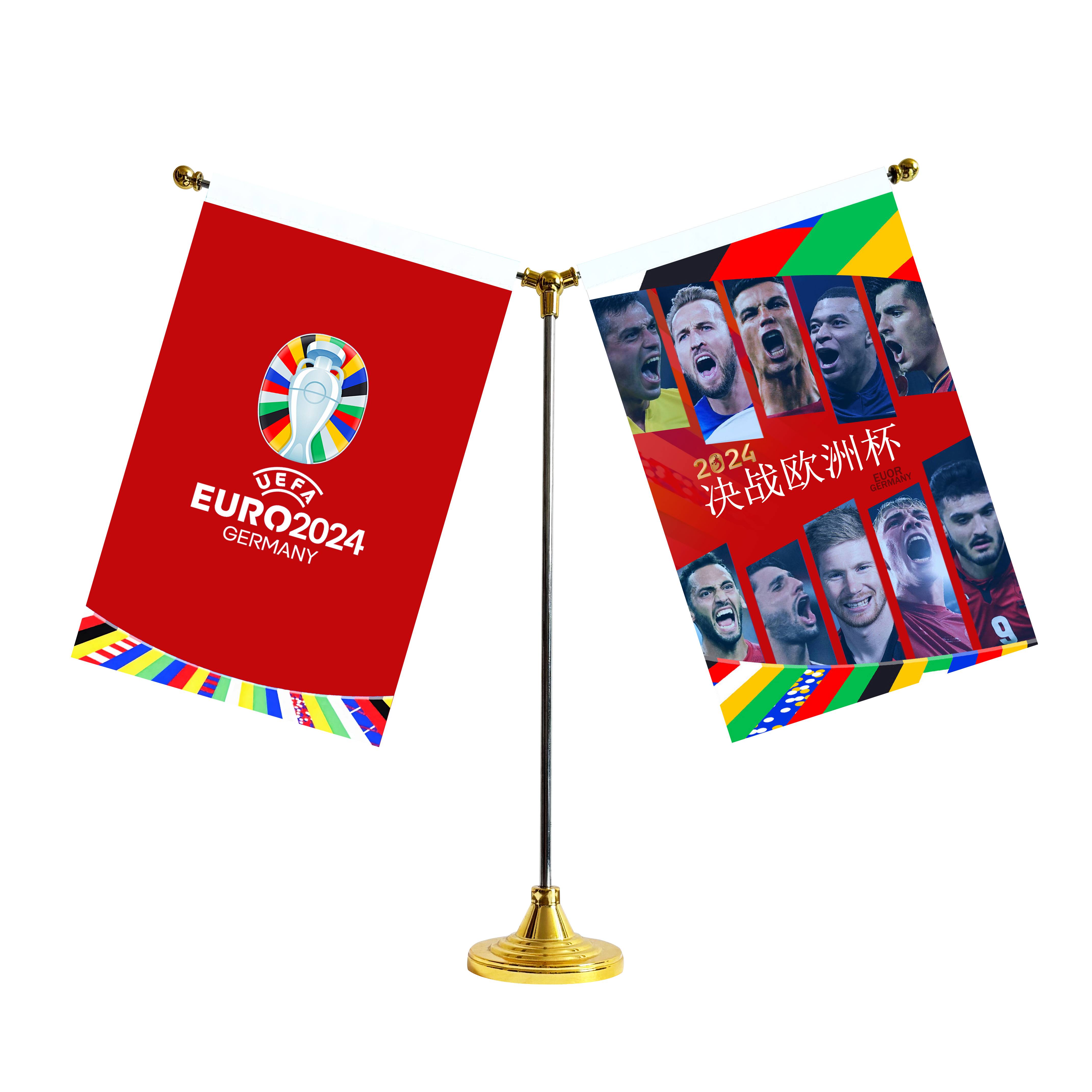 Golden base+1 face red logo flag+1 face shouting the European Cup flag