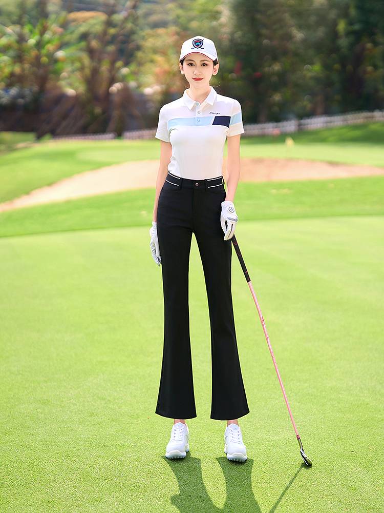 Ms. Golf's shorts are thin and tight in a white, black, blue horny sports pants