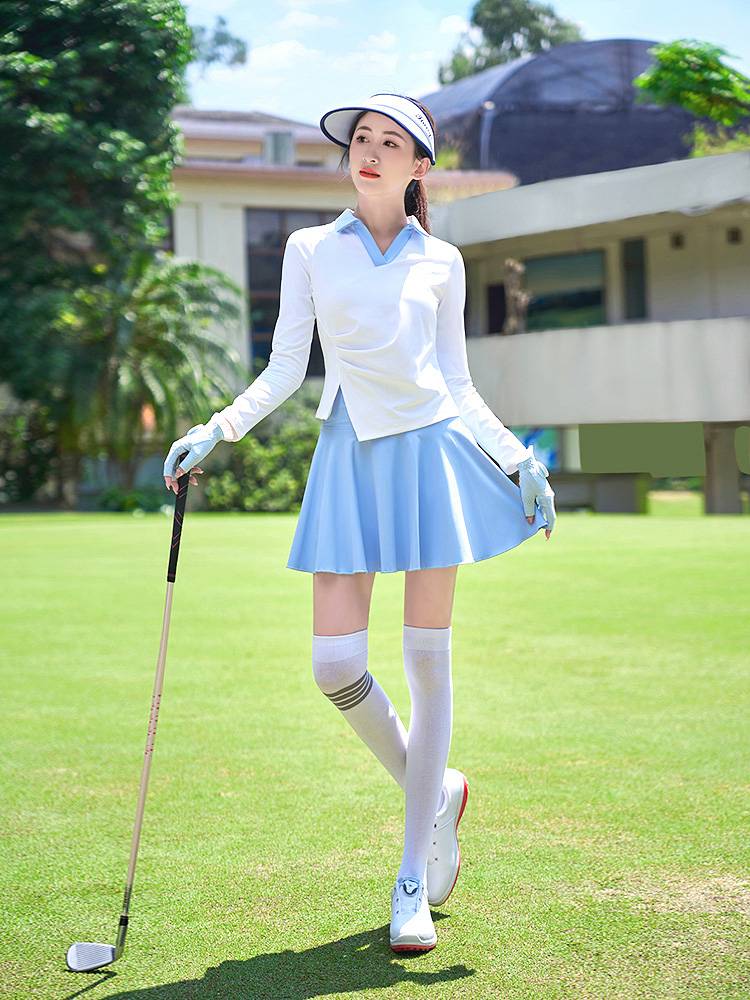 MS. GOLF, LONG-SLEEVED DRYER, V-COLLARED, FORK-COVERED, NAKED SHORT SKIRTS