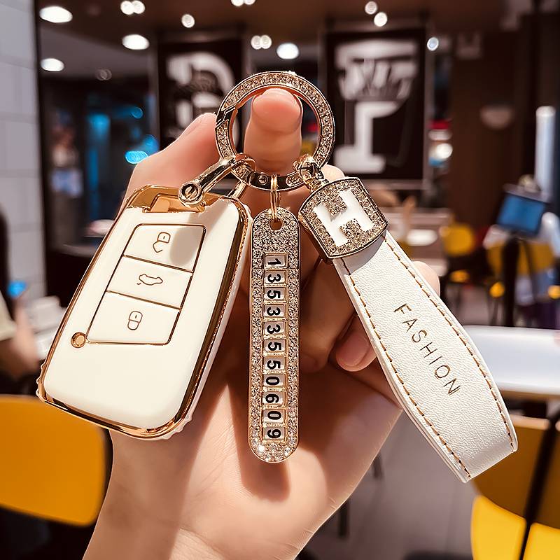 Volkswagen C model-smart 3 key [single shell white]+gold H leather rope drill buckle+gold number plate