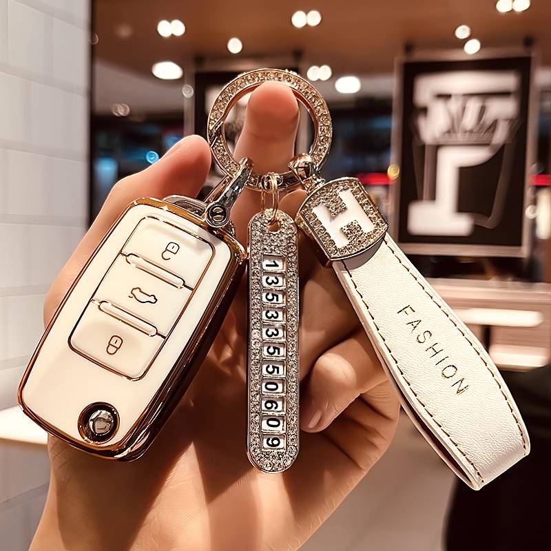 Volkswagen A model-folding 3 keys [single shell white]+gold H leather rope drill buckle+gold number plate