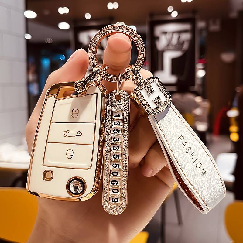 Volkswagen B model-folding 3 keys [single shell white]+gold H skin rope drill buckle+gold number plate