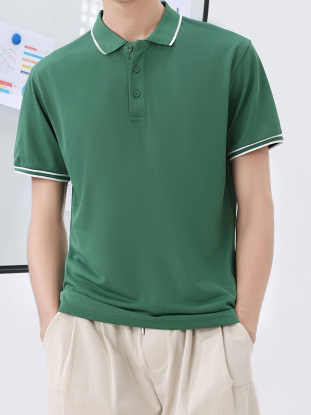 Young men in short-sleeve T-shirts, big Polo, summer golf sweatshirts