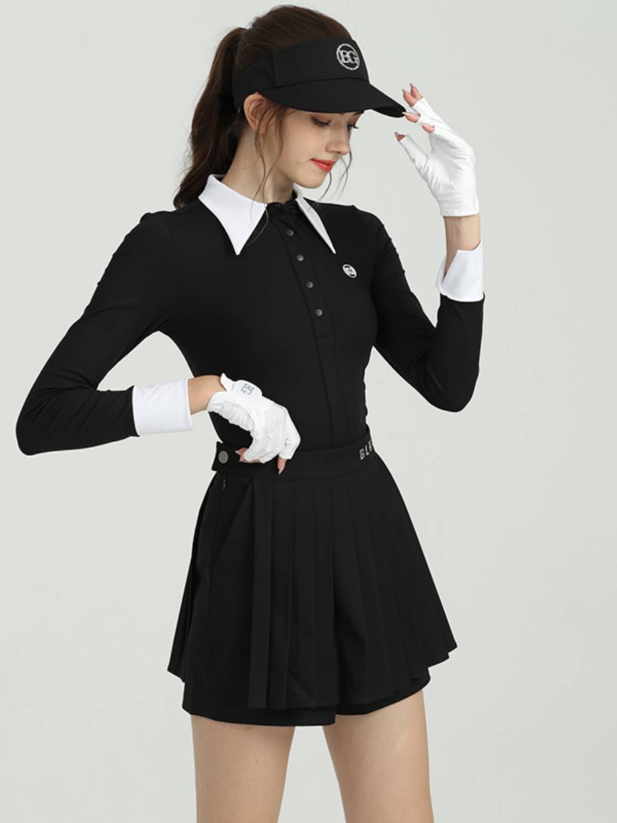 BG new golf clothing female high -end long -sleeved slim sunscreen, female black short skirt set