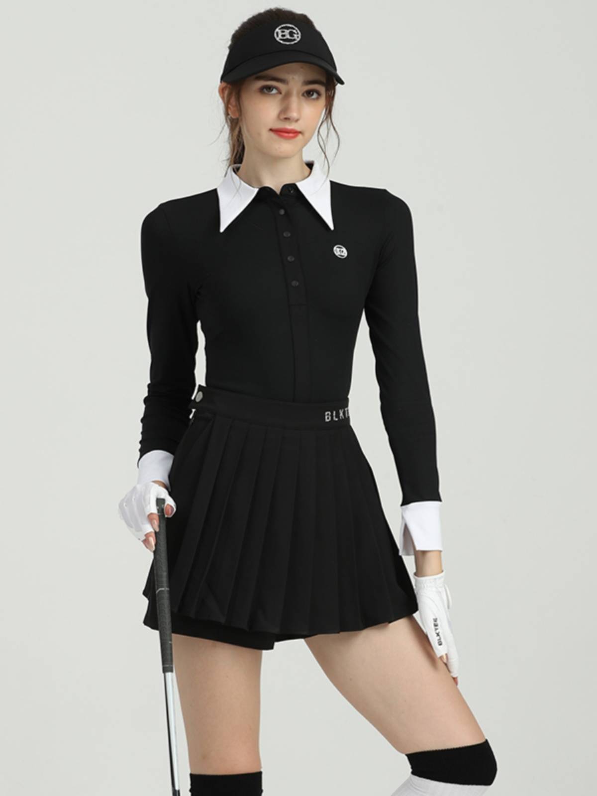 BG new golf clothing female high -end long -sleeved slim sunscreen, female black short skirt set