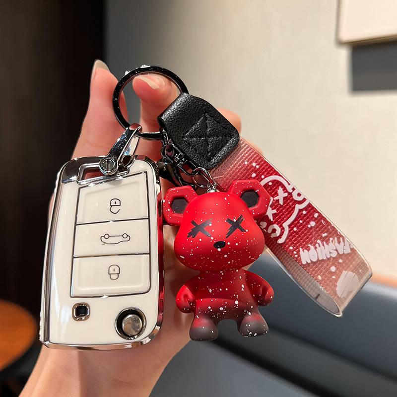 Volkswagen B model-folding 3 keys [single shell white]+red violent bear pendant