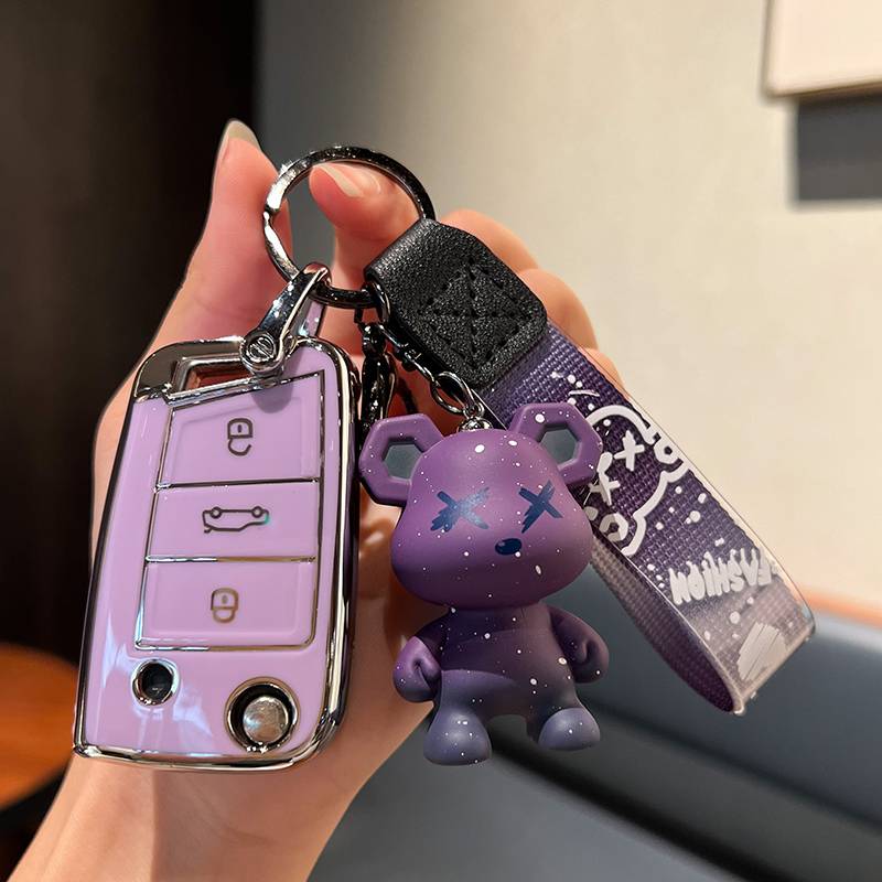 Volkswagen B model-folding 3 keys [single shell purple]+purple violent bear pendant