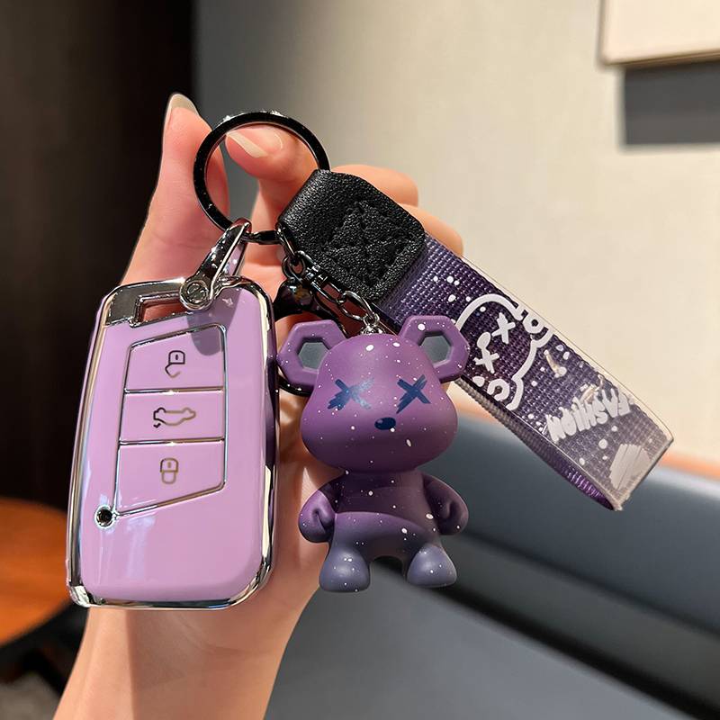 Volkswagen C] Smart 3 key [Single-shell purple]+purple violent bear pendant