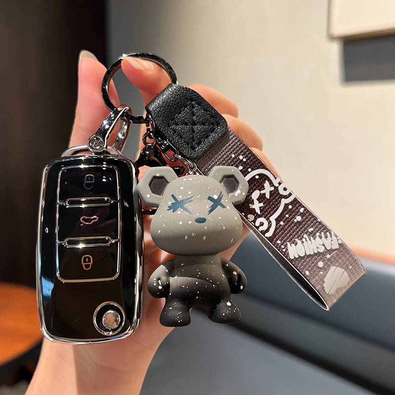 Volkswagen A-Folding 3 key [single shell black]+gray violent bear pendant