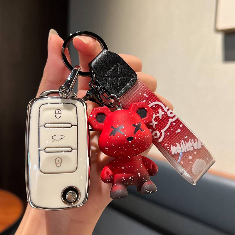 Volkswagen A-Fold 3 keys [Single shell white]+red violent bear pendant