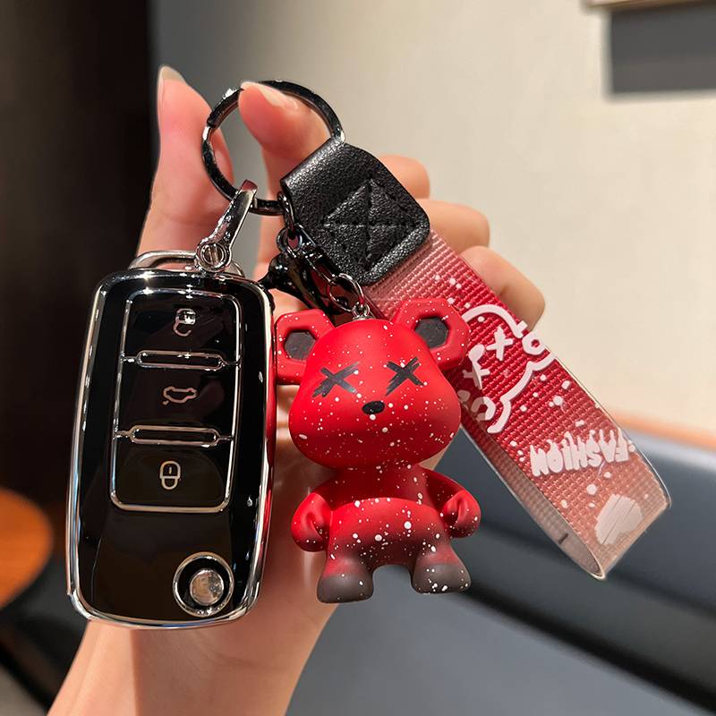 Volkswagen A-Folding 3 key [Single-shell Black]+Red Violent Bear Pendant