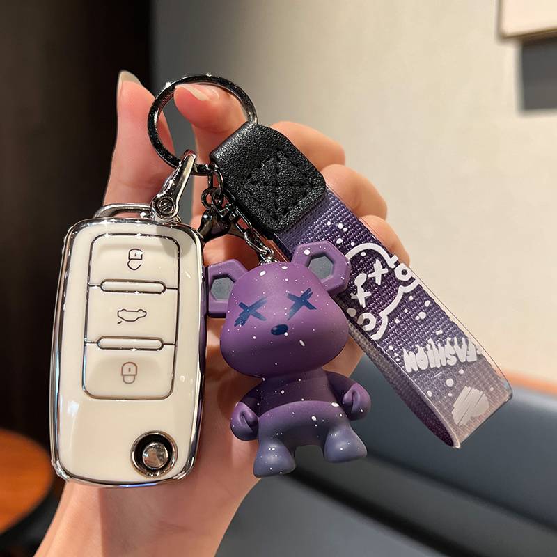 Volkswagen A-Folding 3-key [Single Shell White]+Purple Violent Bear Pendant