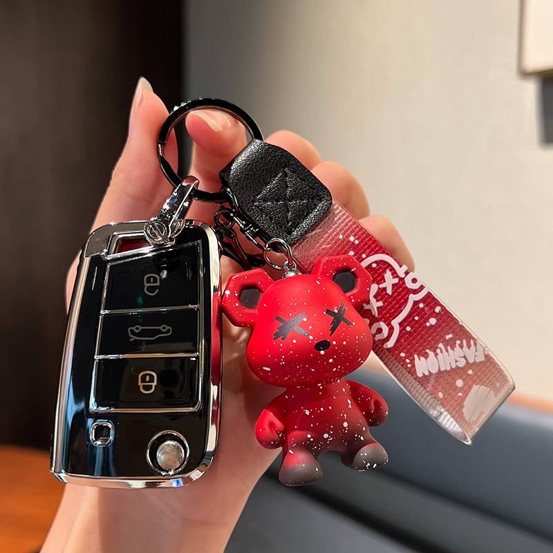 Volkswagen B model-folding 3 keys [single shell black]+red violent bear pendant