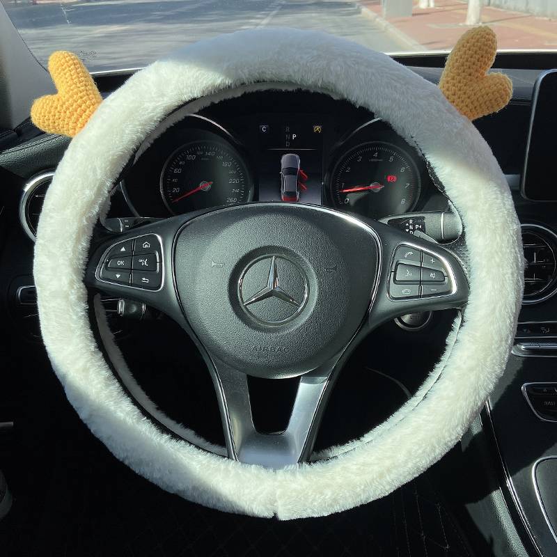 Yellow wool antlers-white long plush steering wheel cover