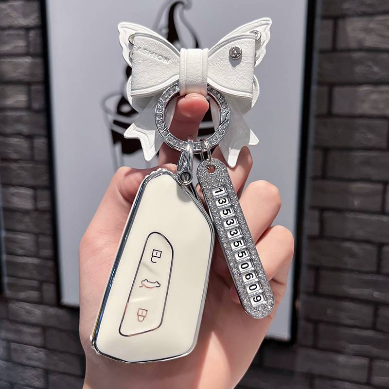 Volkswagen J style-smart 3 key [single shell white]+white bow diamond buckle+silver number plate