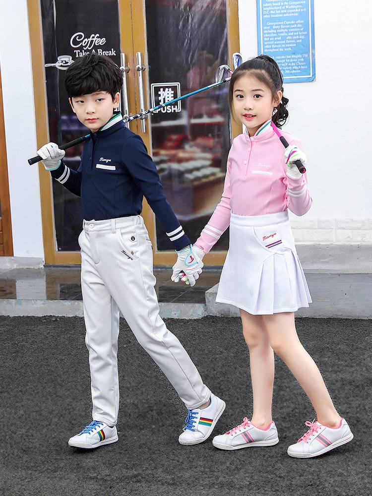 Golf clothing men, girls, children's parent -child long -sleeved ball clothes T -shirt stripes standing college style sportswear