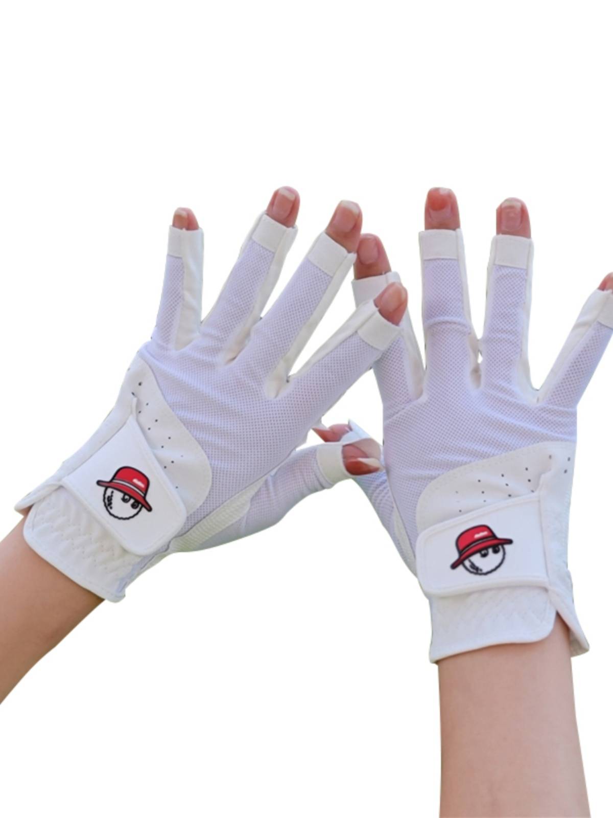 Fisherman Hat Golf Gloves Women's breathable and wear -resistant white pink left and right hands showing fingers